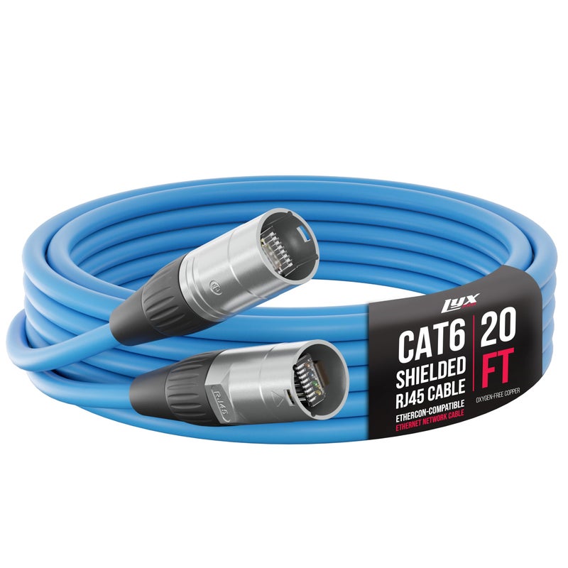 LyxPro 20 Feet Shielded CAT6 Ethercon Cable - Professional Audio & Lighting RJ45 Cable, Studio-Grade Sound Transmission, Extreme Durability - Blue - Image 1